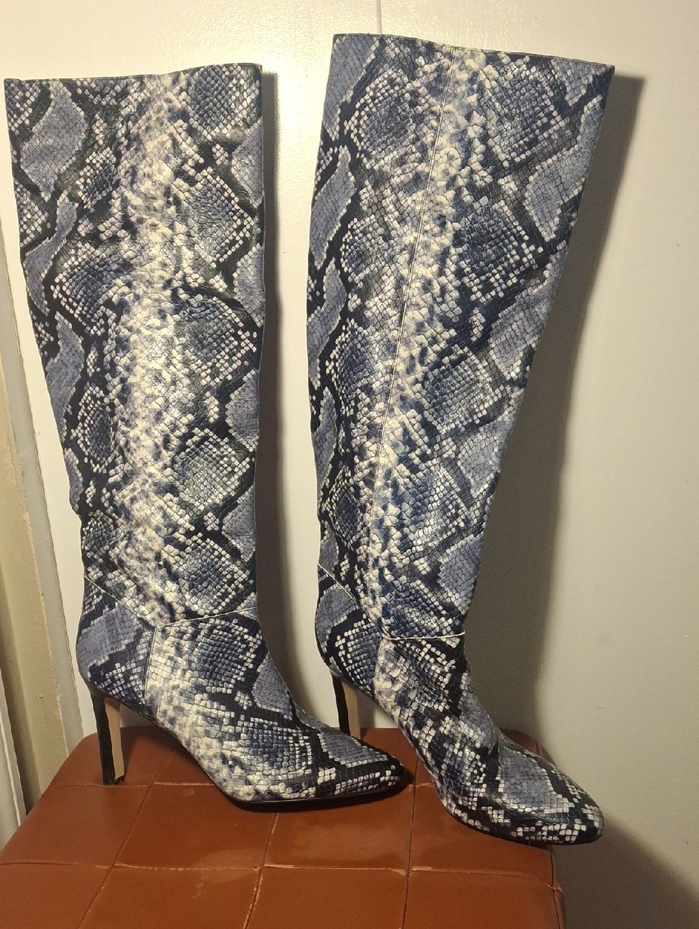 Marc Fisher Blue & Black Snake-Print Over-the-Knee Stiletto Boots.